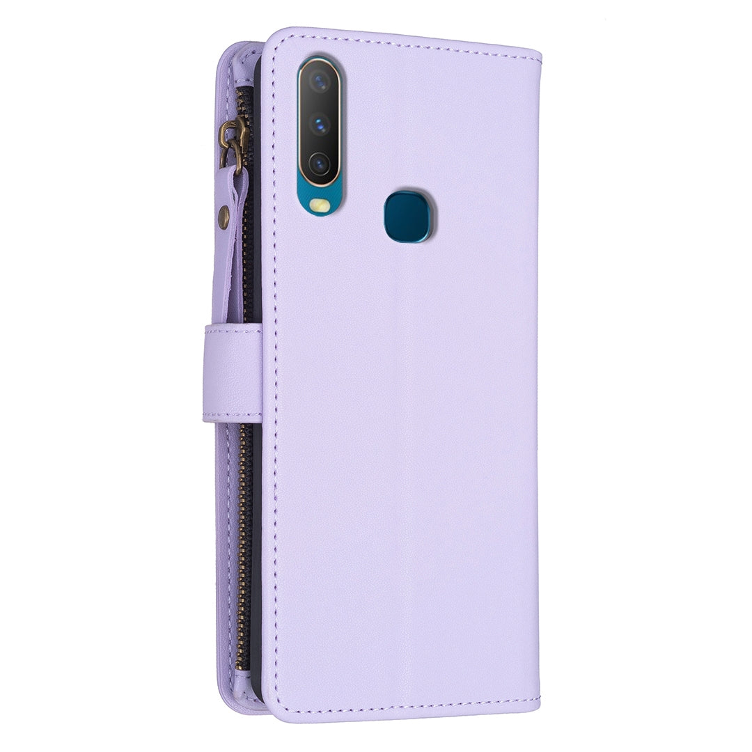 For vivo Y17 Leather Flip Phone Case with Zipper Wallet and 9 Card Slots, Durable PU + TPU Material