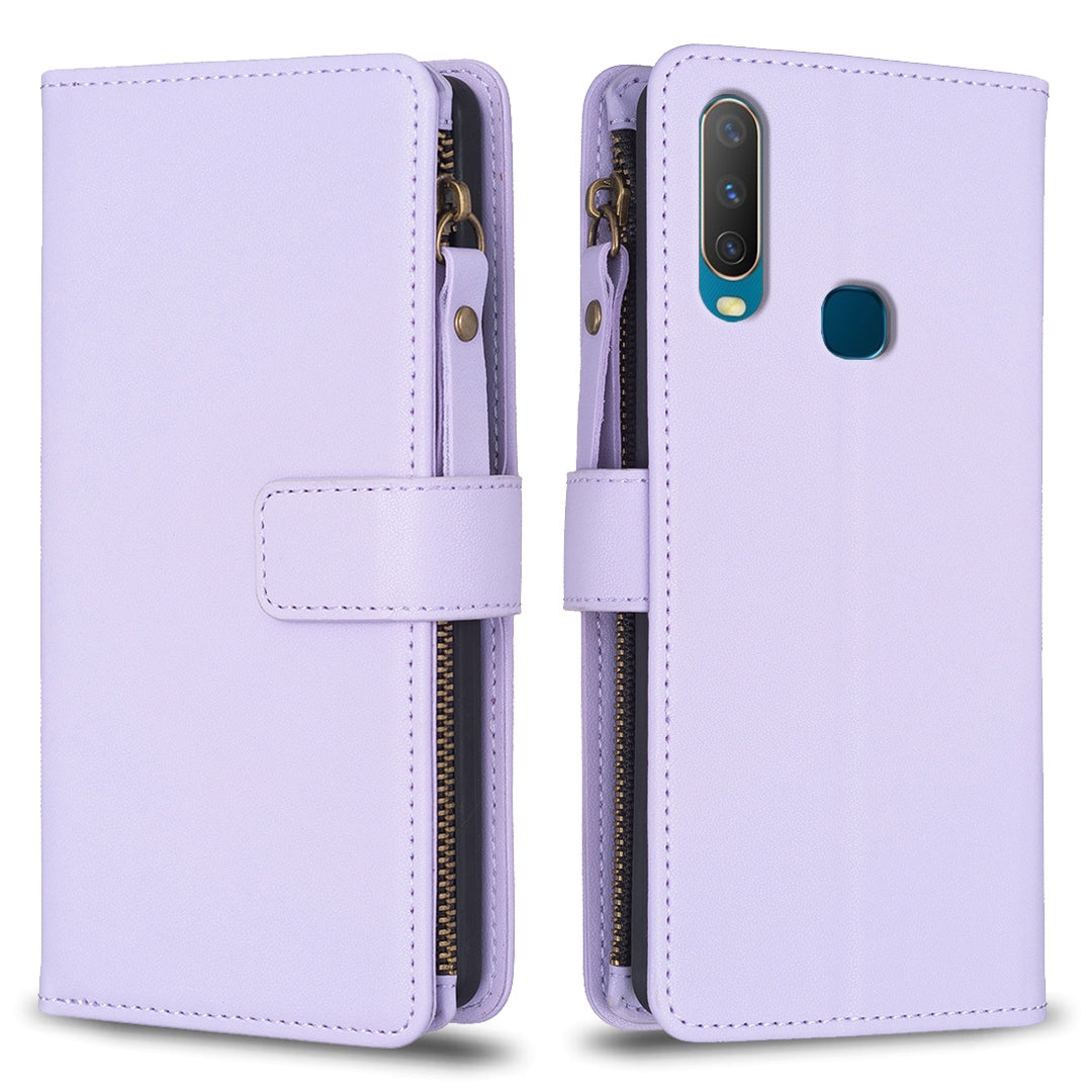 For vivo Y17 Leather Flip Phone Case with Zipper Wallet and 9 Card Slots, Durable PU + TPU Material