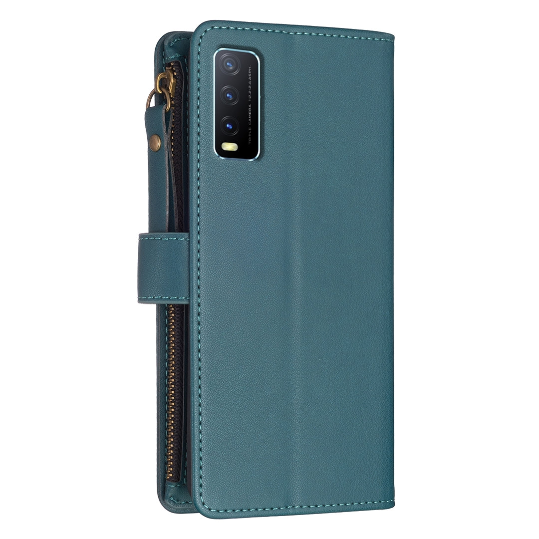 For vivo Y20 Leather Flip Phone Case with Zipper Wallet and 9 Card Slots, Durable PU + TPU Material