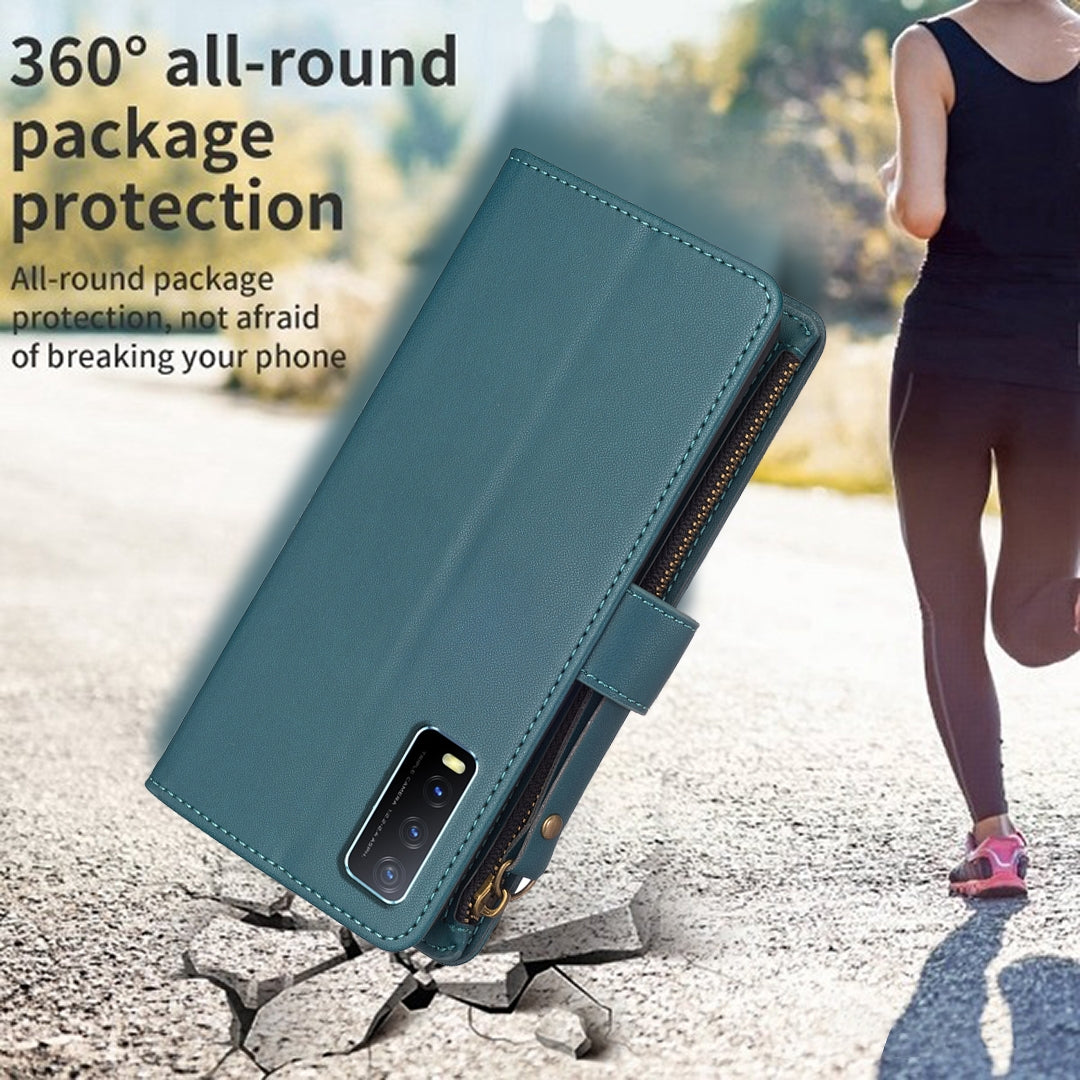 For vivo Y20 Leather Flip Phone Case with Zipper Wallet and 9 Card Slots, Durable PU + TPU Material