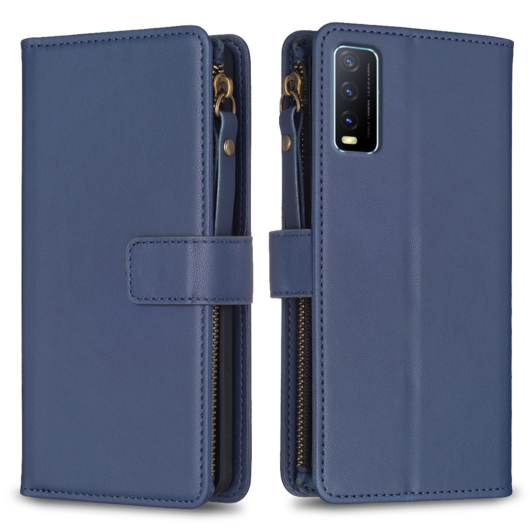 For vivo Y20 Leather Flip Phone Case with Zipper Wallet and 9 Card Slots, Durable PU + TPU Material