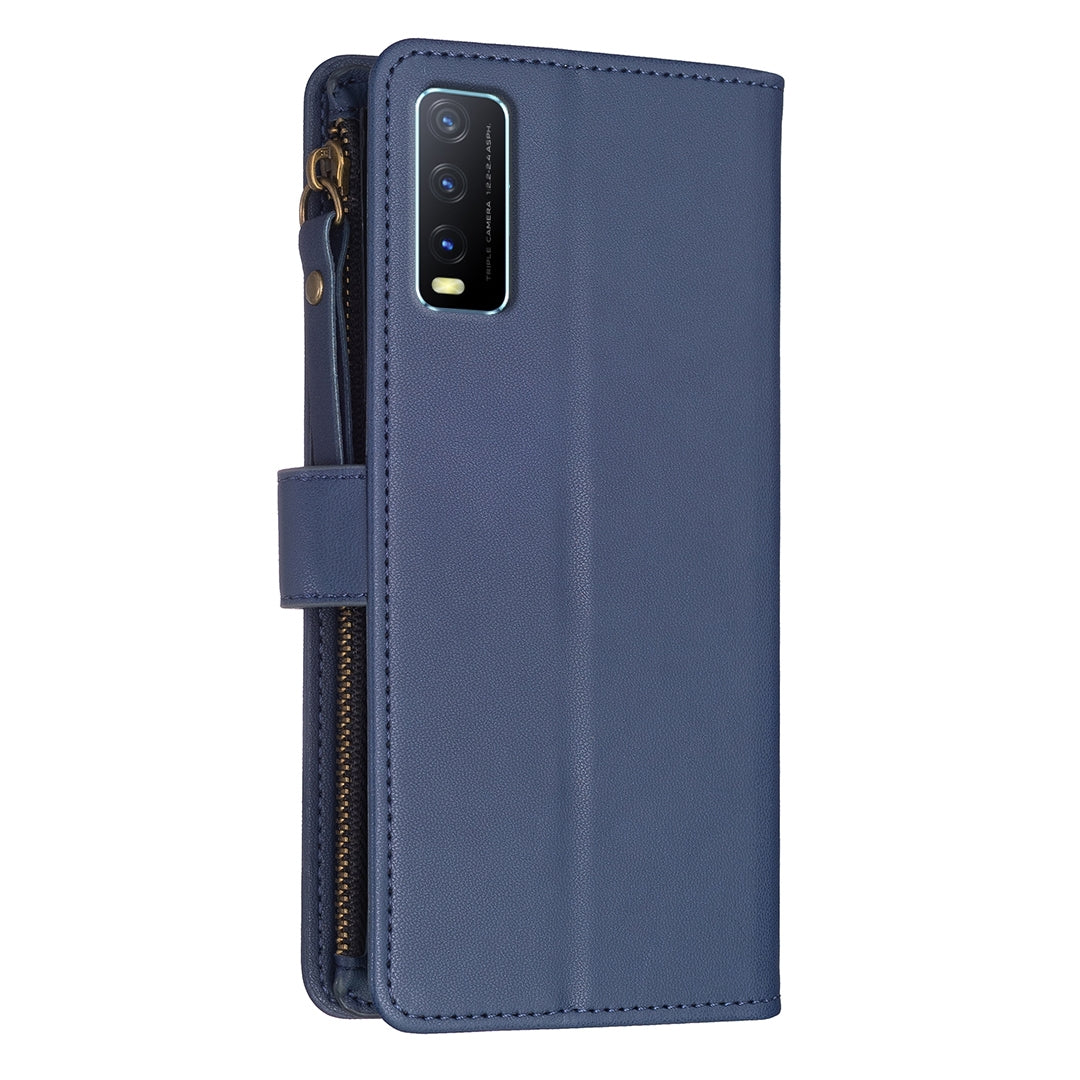 For vivo Y20 Leather Flip Phone Case with Zipper Wallet and 9 Card Slots, Durable PU + TPU Material