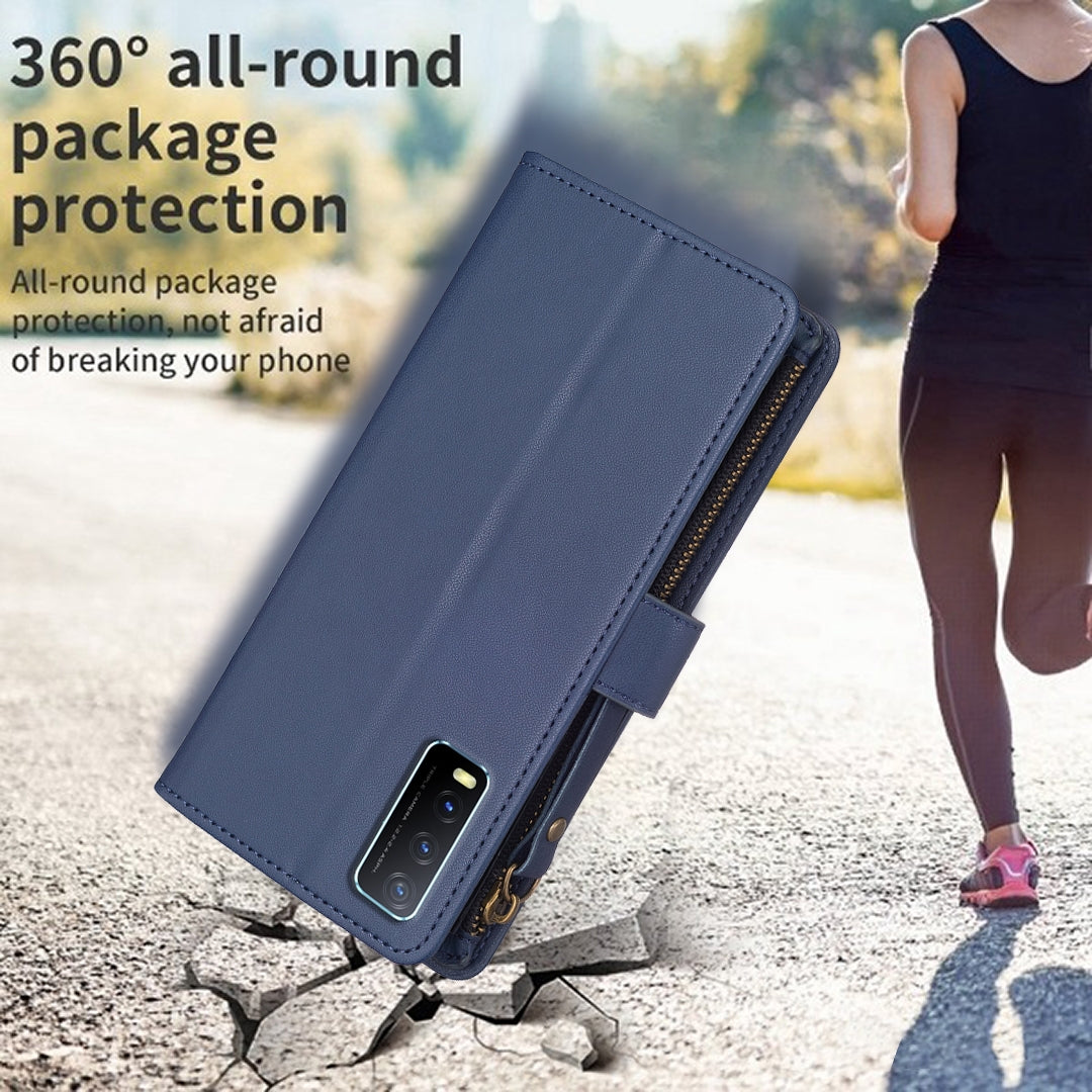 For vivo Y20 Leather Flip Phone Case with Zipper Wallet and 9 Card Slots, Durable PU + TPU Material