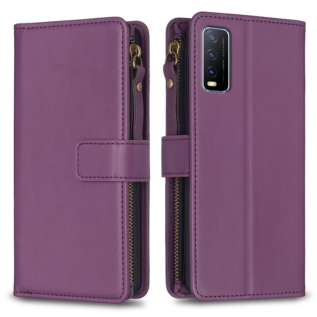 For vivo Y20 Leather Flip Phone Case with Zipper Wallet and 9 Card Slots, Durable PU + TPU Material