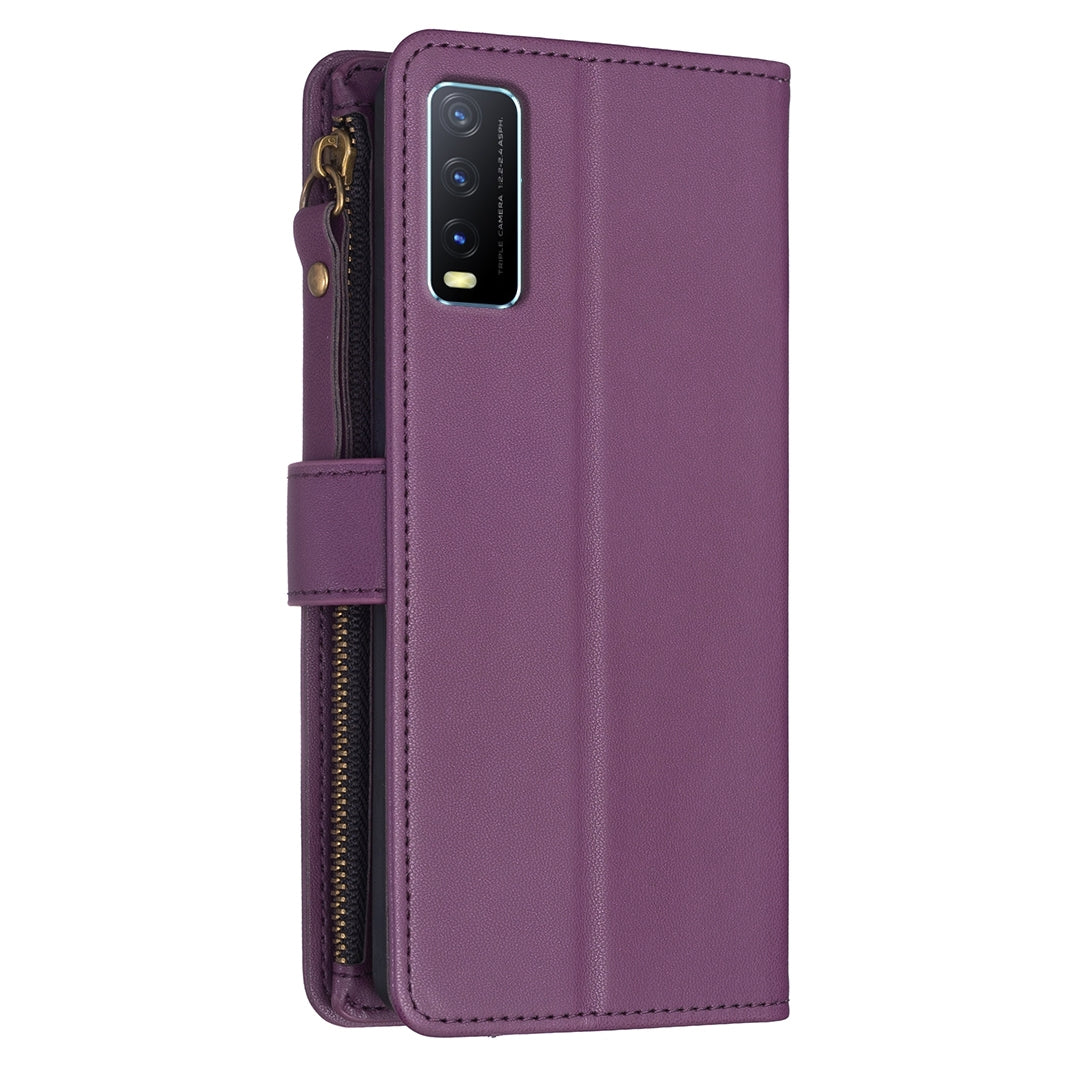 For vivo Y20 Leather Flip Phone Case with Zipper Wallet and 9 Card Slots, Durable PU + TPU Material