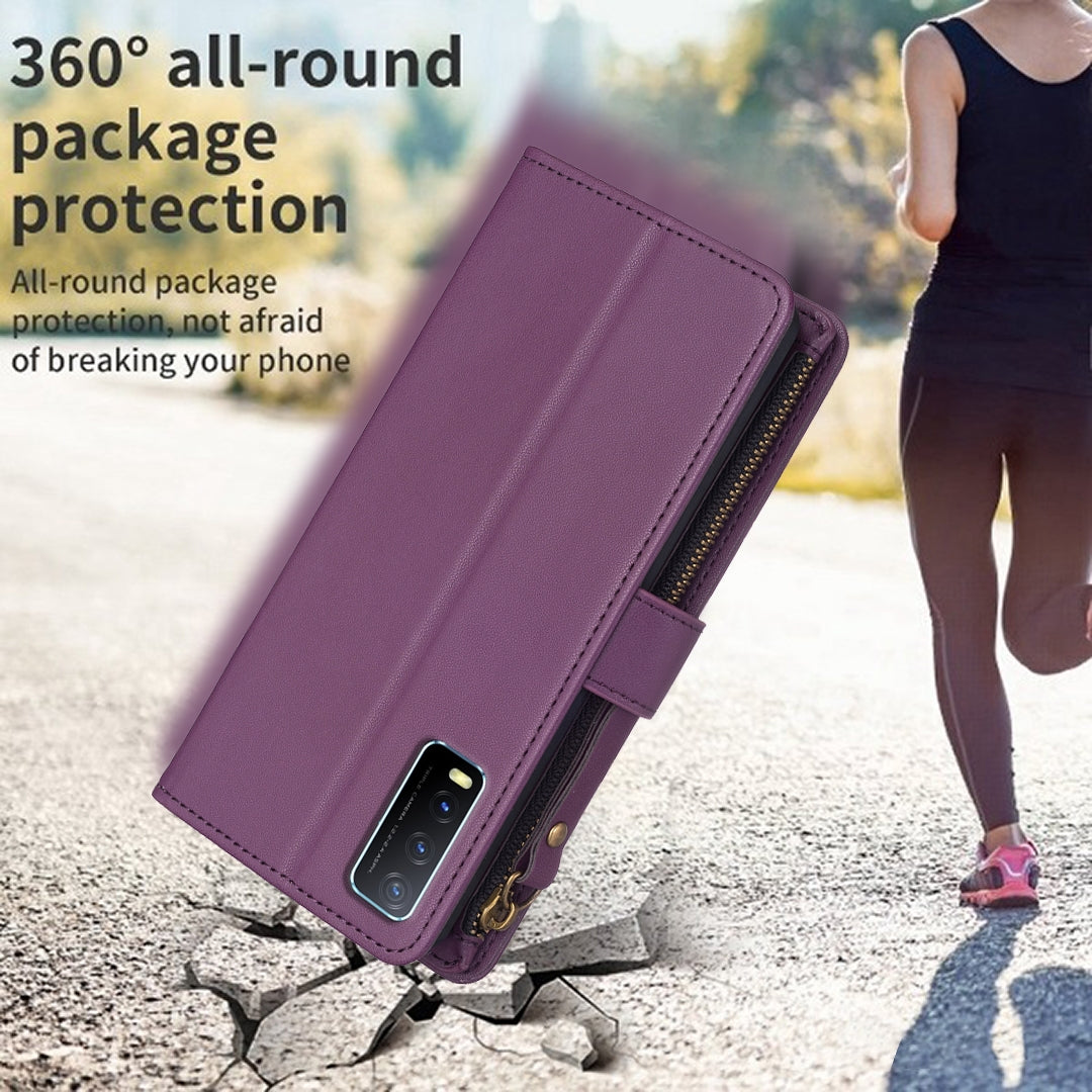 For vivo Y20 Leather Flip Phone Case with Zipper Wallet and 9 Card Slots, Durable PU + TPU Material