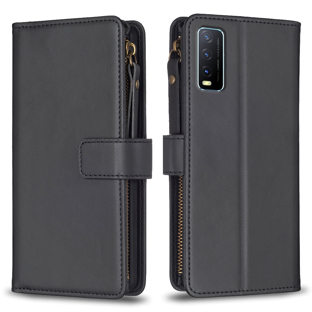 For vivo Y20 Leather Flip Phone Case with Zipper Wallet and 9 Card Slots, Durable PU + TPU Material