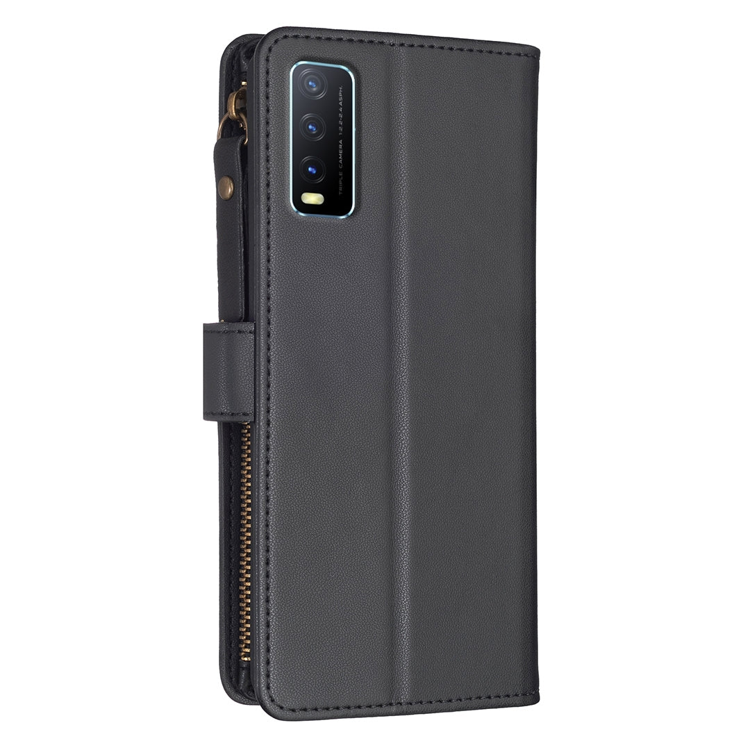 For vivo Y20 Leather Flip Phone Case with Zipper Wallet and 9 Card Slots, Durable PU + TPU Material