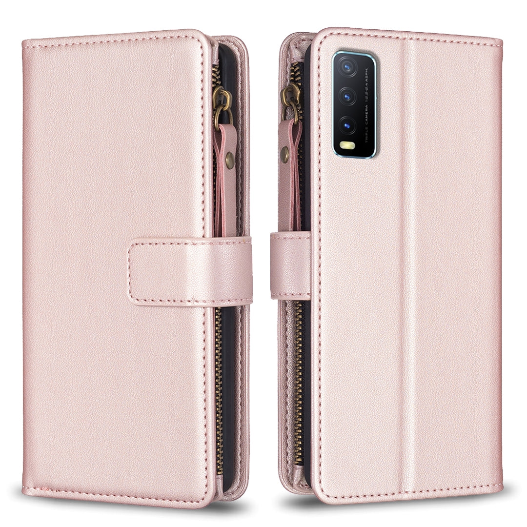 For vivo Y20 Leather Flip Phone Case with Zipper Wallet and 9 Card Slots, Durable PU + TPU Material