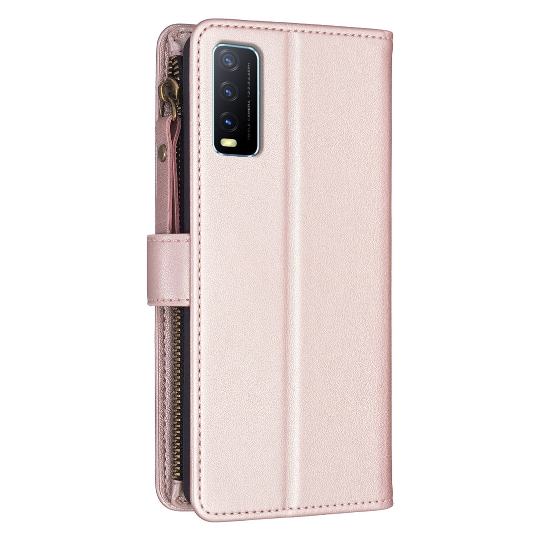 For vivo Y20 Leather Flip Phone Case with Zipper Wallet and 9 Card Slots, Durable PU + TPU Material
