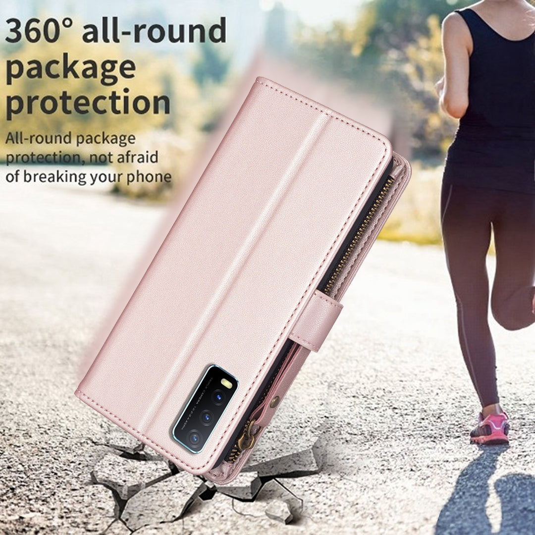 For vivo Y20 Leather Flip Phone Case with Zipper Wallet and 9 Card Slots, Durable PU + TPU Material