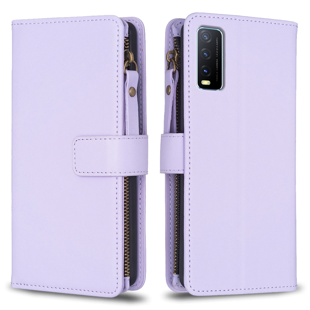 For vivo Y20 Leather Flip Phone Case with Zipper Wallet and 9 Card Slots, Durable PU + TPU Material
