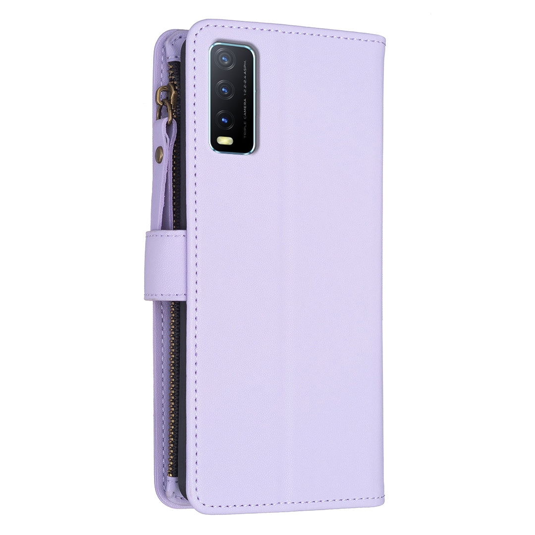 For vivo Y20 Leather Flip Phone Case with Zipper Wallet and 9 Card Slots, Durable PU + TPU Material