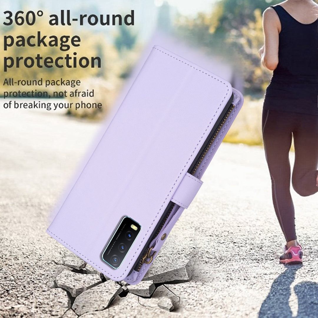 vivo Y20 Leather Flip Phone Case with Zipper Wallet and 9 Card Slots, Durable PU + TPU Material