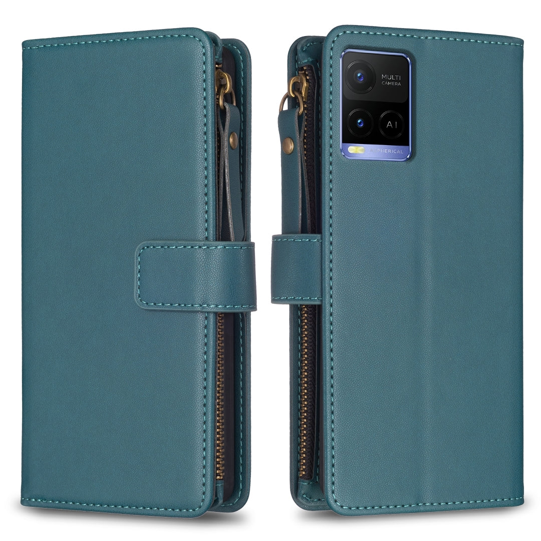 For vivo Y33s Leather Flip Phone Case with Zipper Wallet and 9 Card Slots, Durable PU + TPU Material