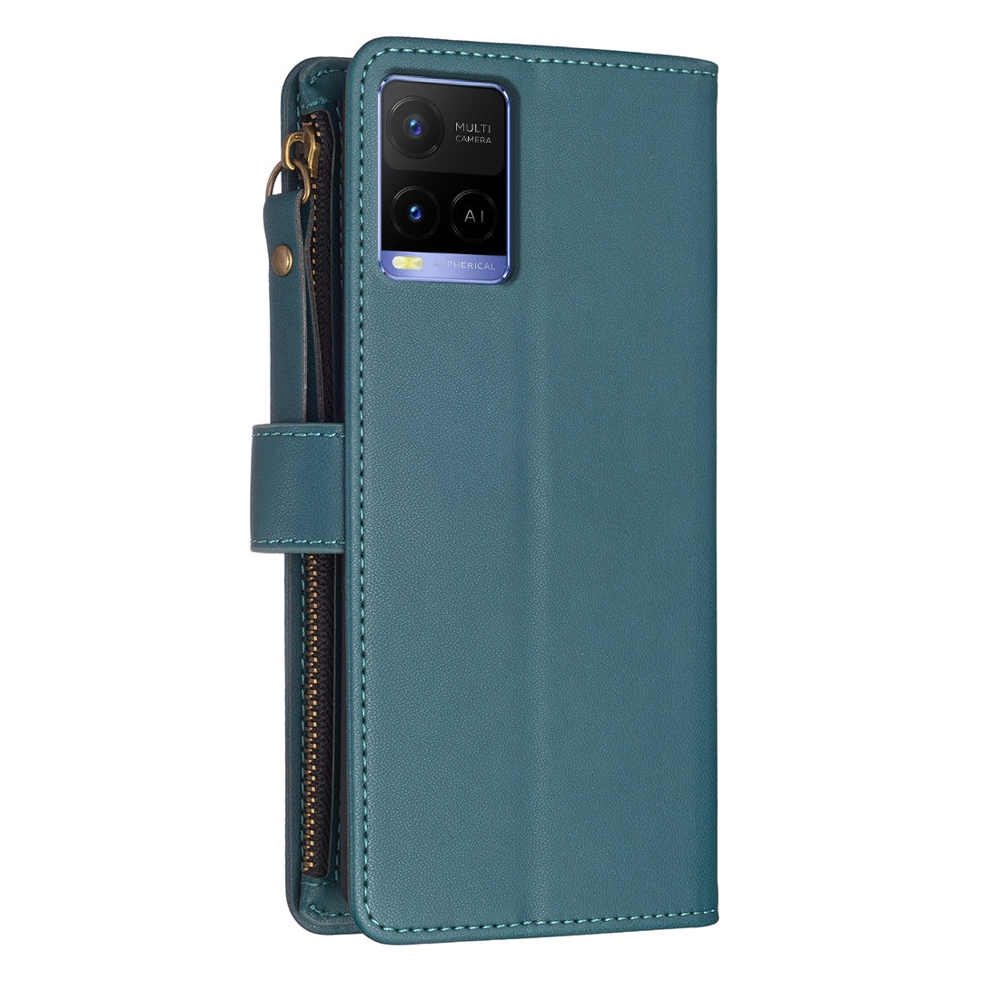 For vivo Y33s Leather Flip Phone Case with Zipper Wallet and 9 Card Slots, Durable PU + TPU Material