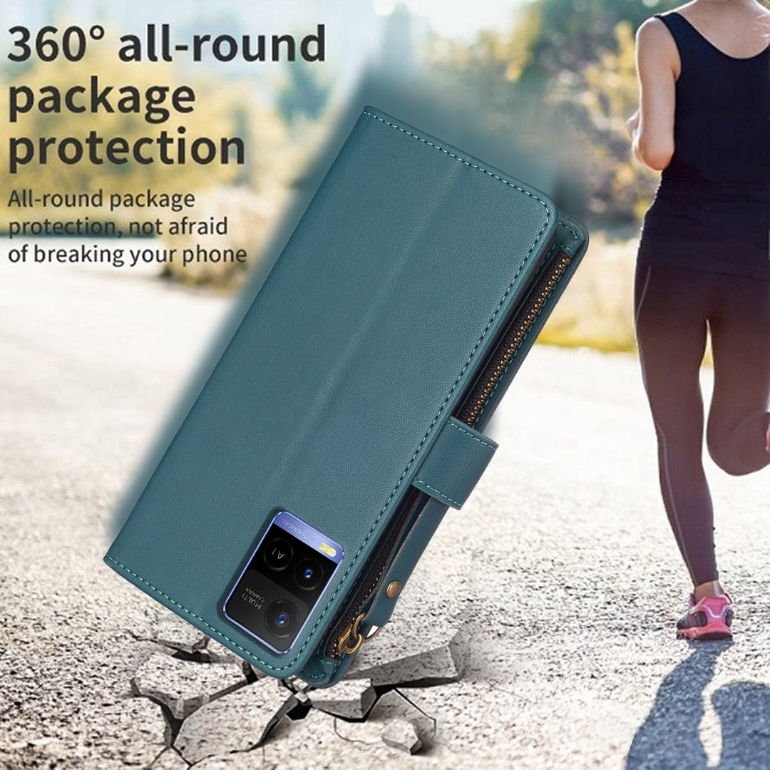 For vivo Y33s Leather Flip Phone Case with Zipper Wallet and 9 Card Slots, Durable PU + TPU Material