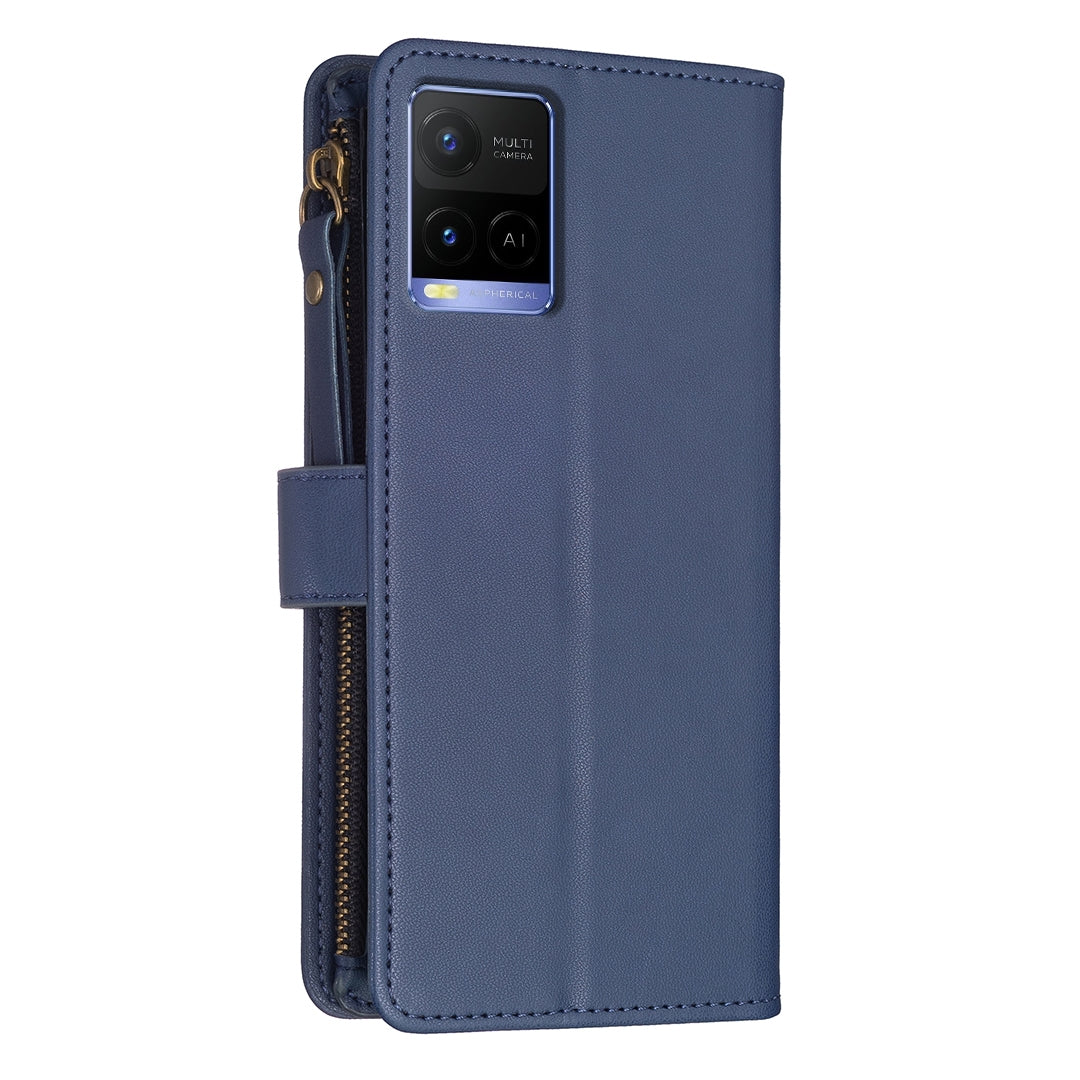 For vivo Y33s Leather Flip Phone Case with Zipper Wallet and 9 Card Slots, Durable PU + TPU Material