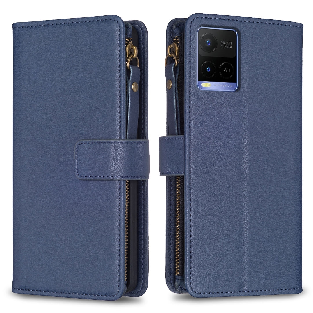 For vivo Y33s Leather Flip Phone Case with Zipper Wallet and 9 Card Slots, Durable PU + TPU Material