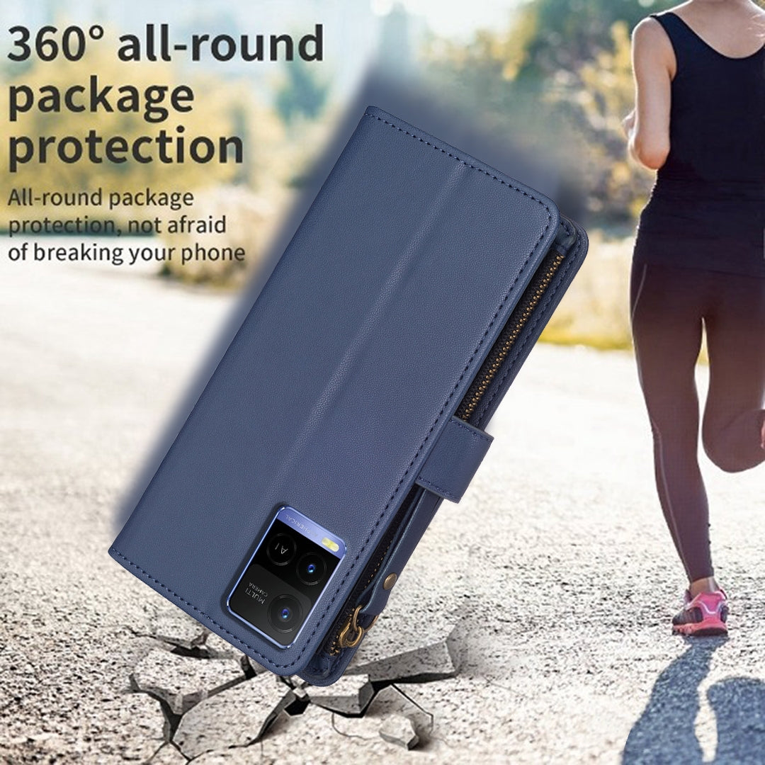For vivo Y21s Leather Flip Phone Case with Zipper Wallet and 9 Card Slots, Durable PU + TPU Material
