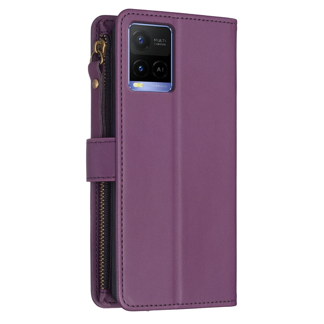 For vivo Y33s Leather Flip Phone Case with Zipper Wallet and 9 Card Slots, Durable PU + TPU Material