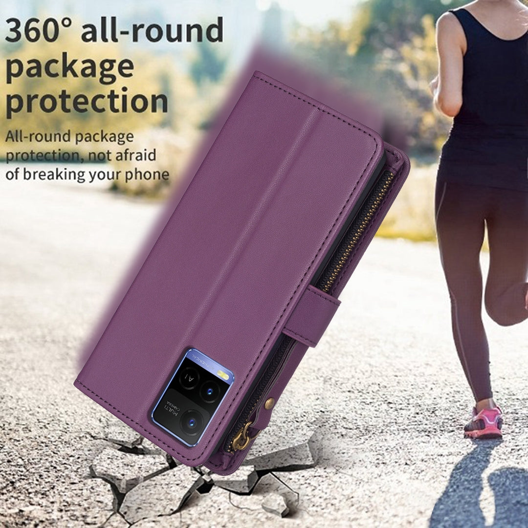 For vivo Y33s Leather Flip Phone Case with Zipper Wallet and 9 Card Slots, Durable PU + TPU Material