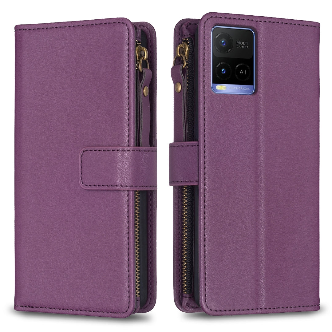 For vivo Y33s Leather Flip Phone Case with Zipper Wallet and 9 Card Slots, Durable PU + TPU Material