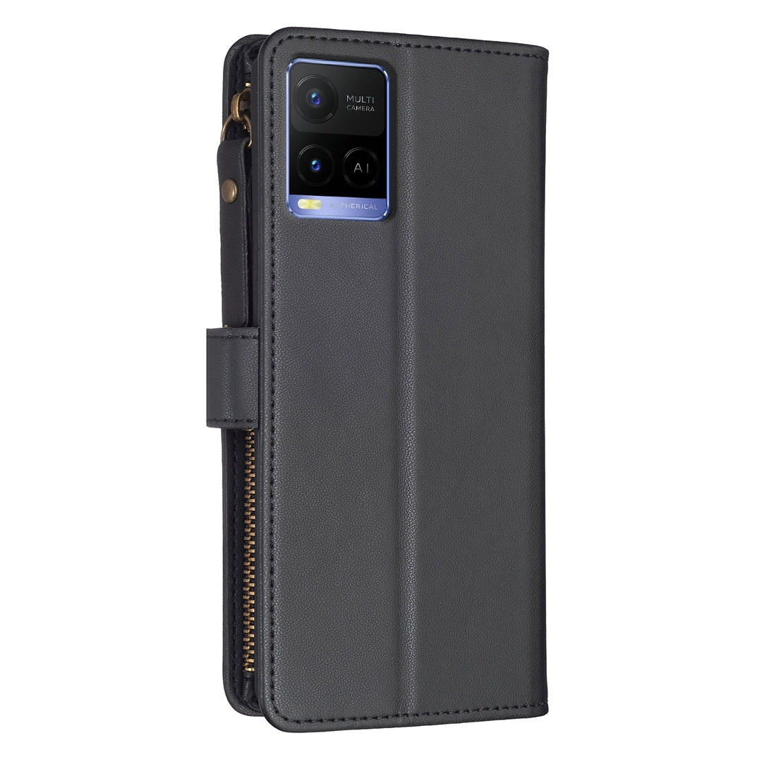 For vivo Y33s Leather Flip Phone Case with Zipper Wallet and 9 Card Slots, Durable PU + TPU Material