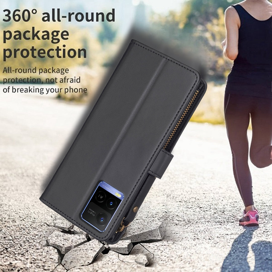 For vivo Y33s Leather Flip Phone Case with Zipper Wallet and 9 Card Slots, Durable PU + TPU Material