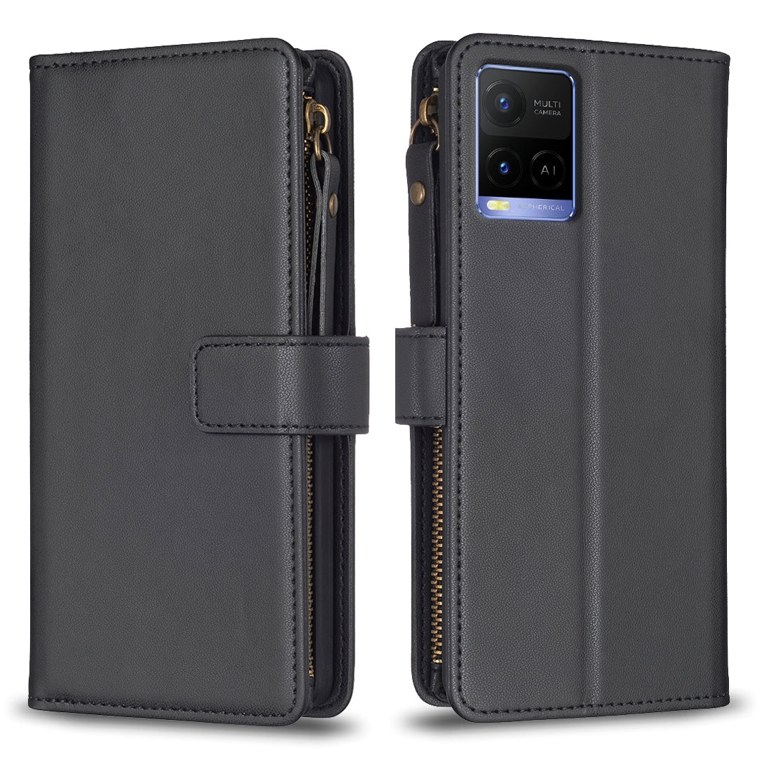 For vivo Y33s Leather Flip Phone Case with Zipper Wallet and 9 Card Slots, Durable PU + TPU Material