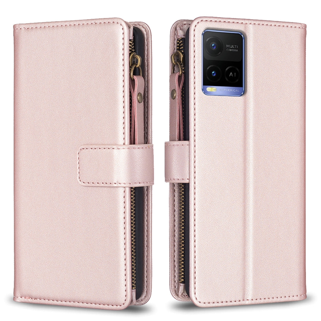 For vivo Y33s Leather Flip Phone Case with Zipper Wallet and 9 Card Slots, Durable PU + TPU Material