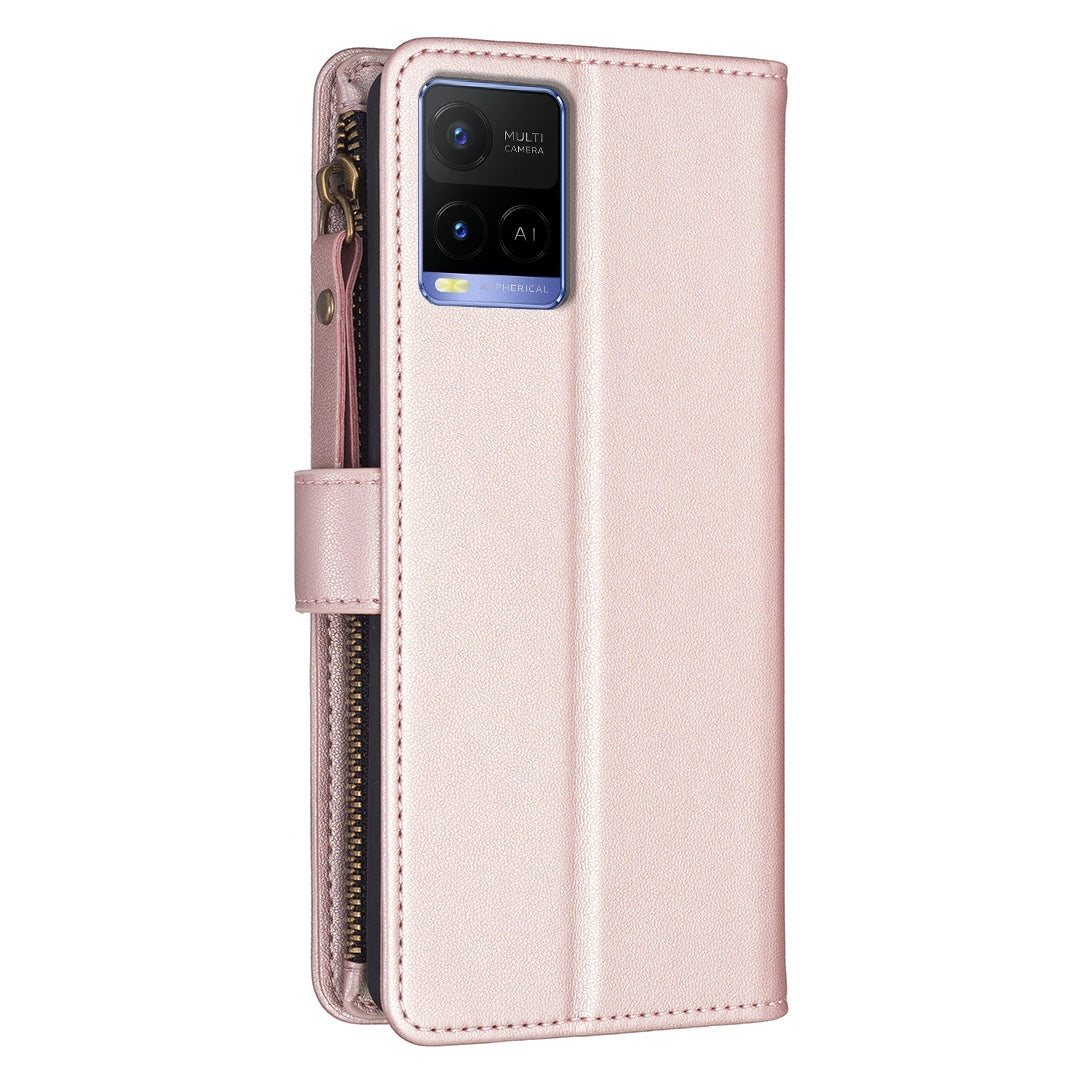 For vivo Y33s Leather Flip Phone Case with Zipper Wallet and 9 Card Slots, Durable PU + TPU Material