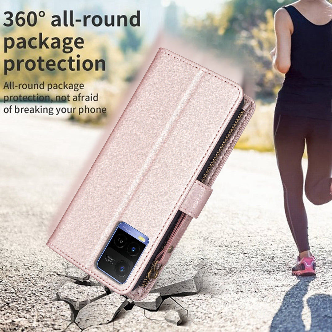 For vivo Y33s Leather Flip Phone Case with Zipper Wallet and 9 Card Slots, Durable PU + TPU Material