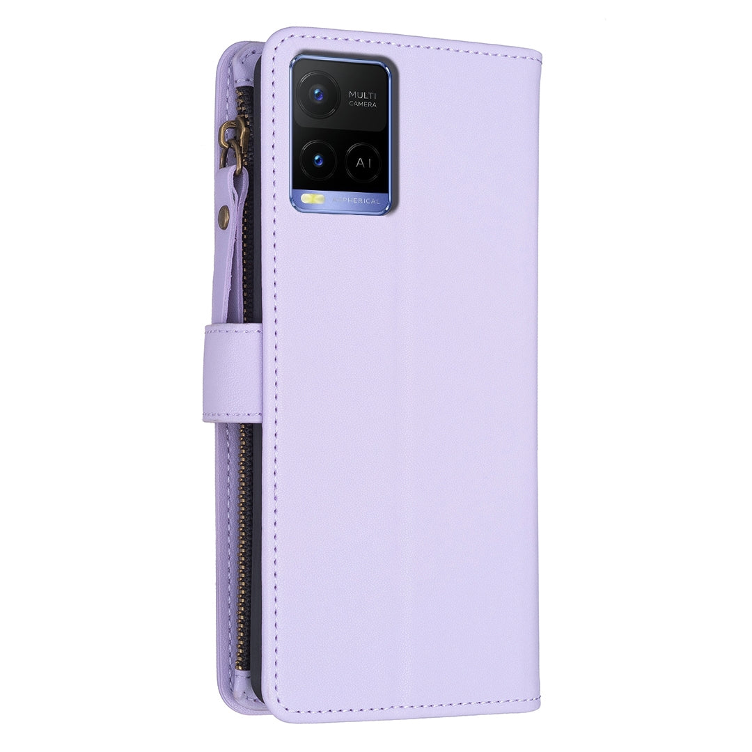 For vivo Y33s Leather Flip Phone Case with Zipper Wallet and 9 Card Slots, Durable PU + TPU Material