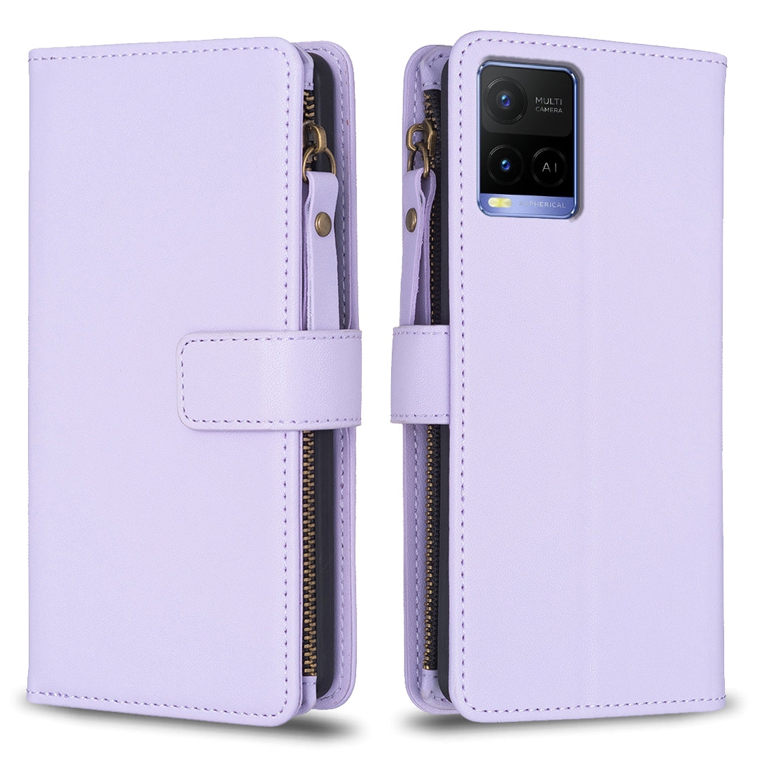 For vivo Y33s Leather Flip Phone Case with Zipper Wallet and 9 Card Slots, Durable PU + TPU Material
