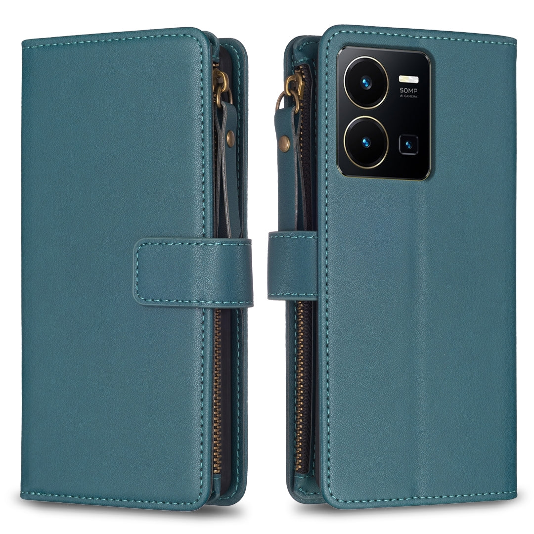 For vivo Y35 4G Leather Flip Phone Case with Zipper Wallet and 9 Card Slots, Durable PU + TPU Material