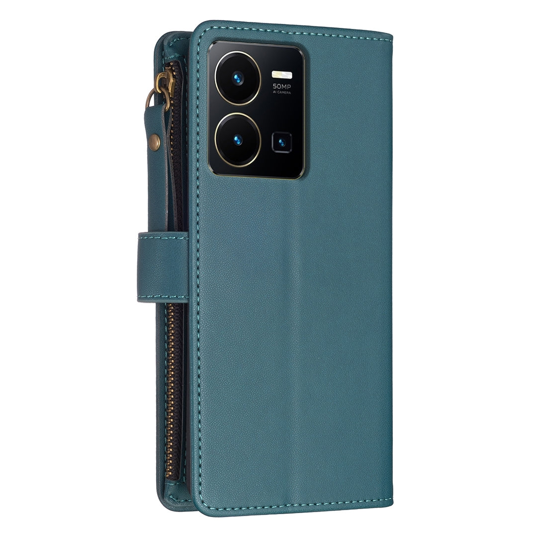 For vivo Y35 4G Leather Flip Phone Case with Zipper Wallet and 9 Card Slots, Durable PU + TPU Material