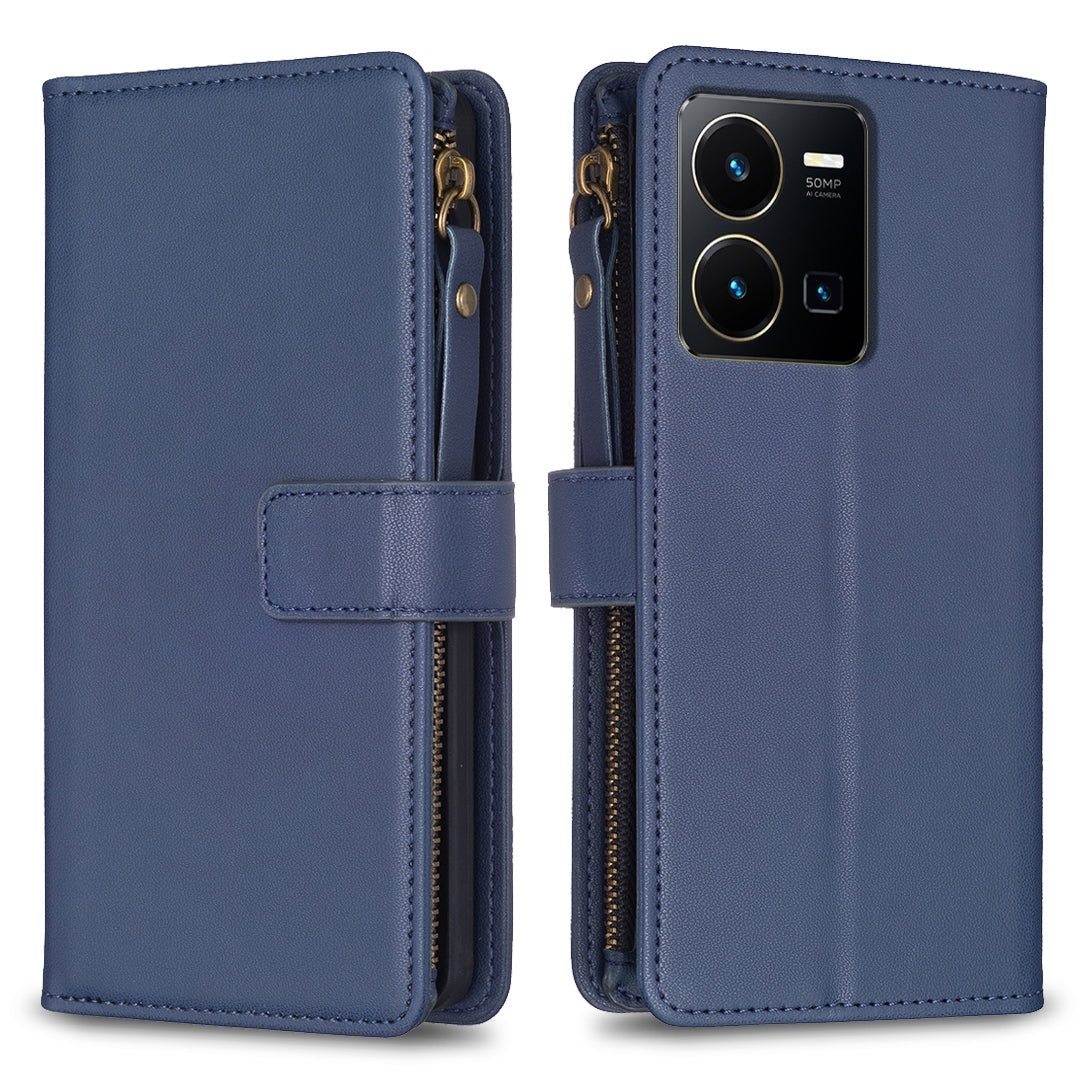 For vivo Y35 4G Leather Flip Phone Case with Zipper Wallet and 9 Card Slots, Durable PU + TPU Material