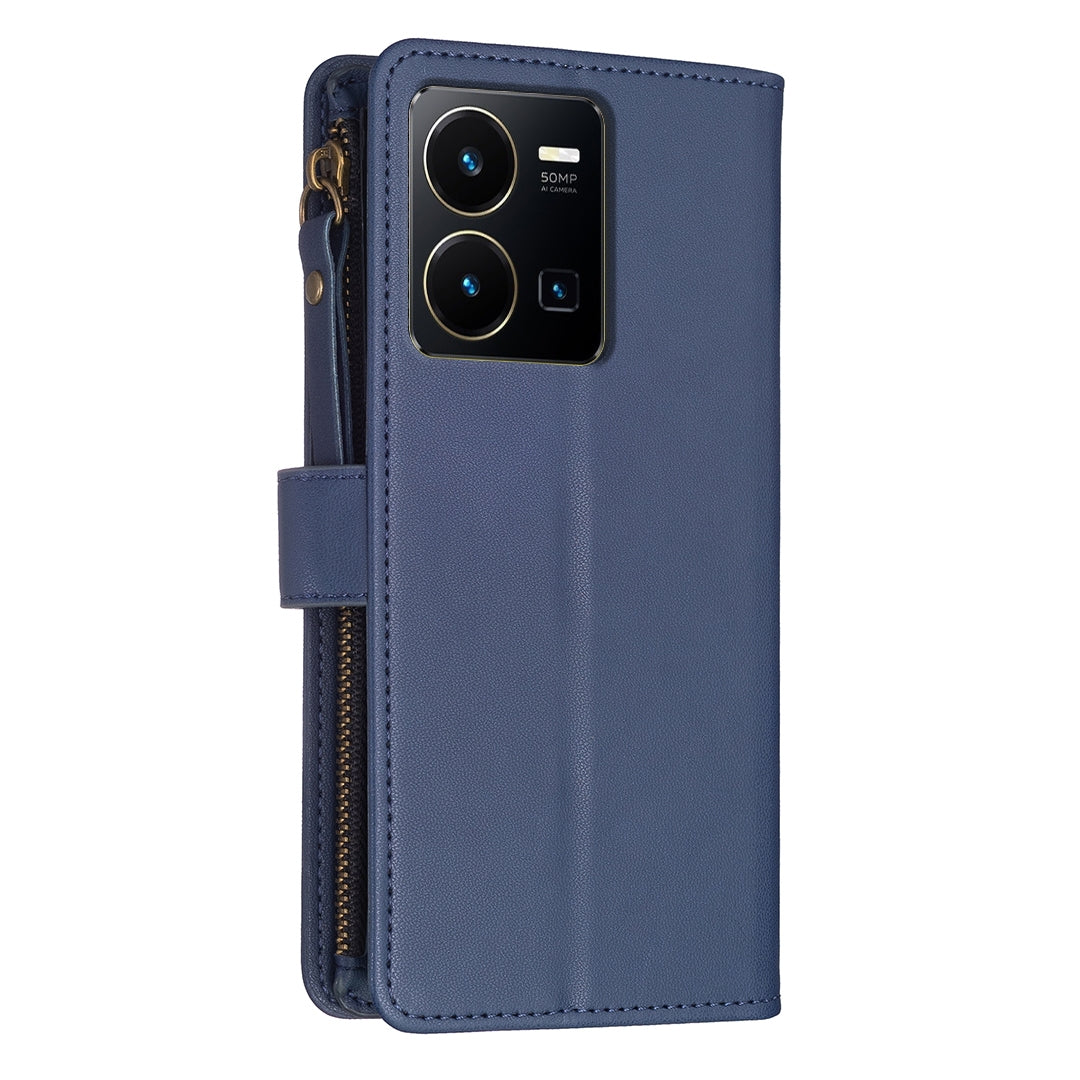For vivo Y35 4G Leather Flip Phone Case with Zipper Wallet and 9 Card Slots, Durable PU + TPU Material