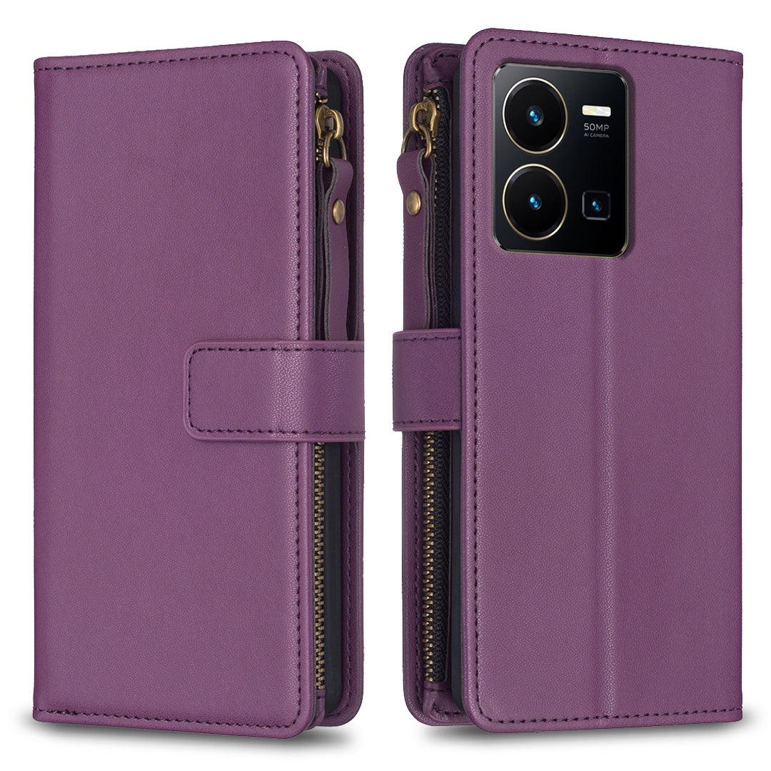 For vivo Y35 4G Leather Flip Phone Case with Zipper Wallet and 9 Card Slots, Durable PU + TPU Material