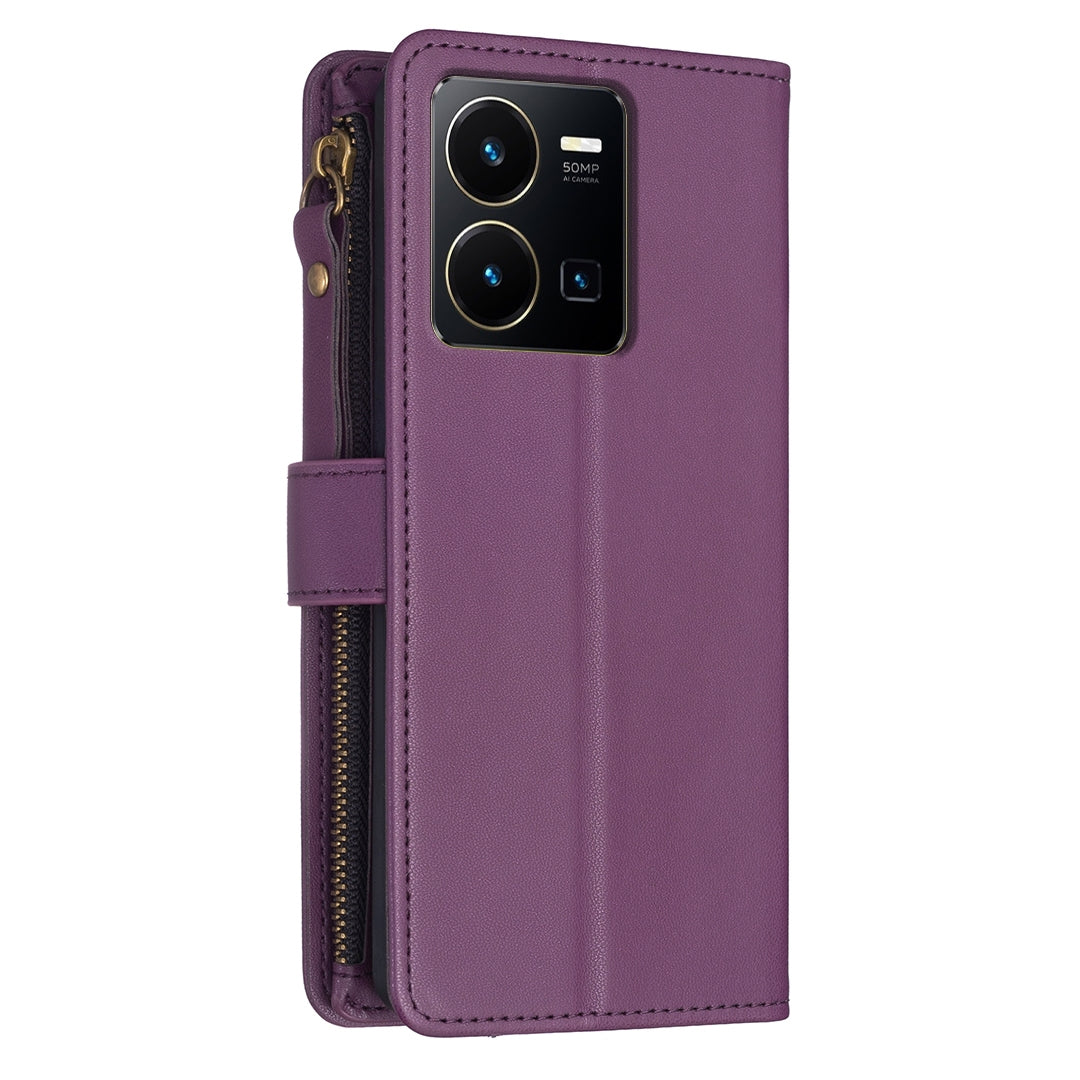 For vivo Y35 4G Leather Flip Phone Case with Zipper Wallet and 9 Card Slots, Durable PU + TPU Material