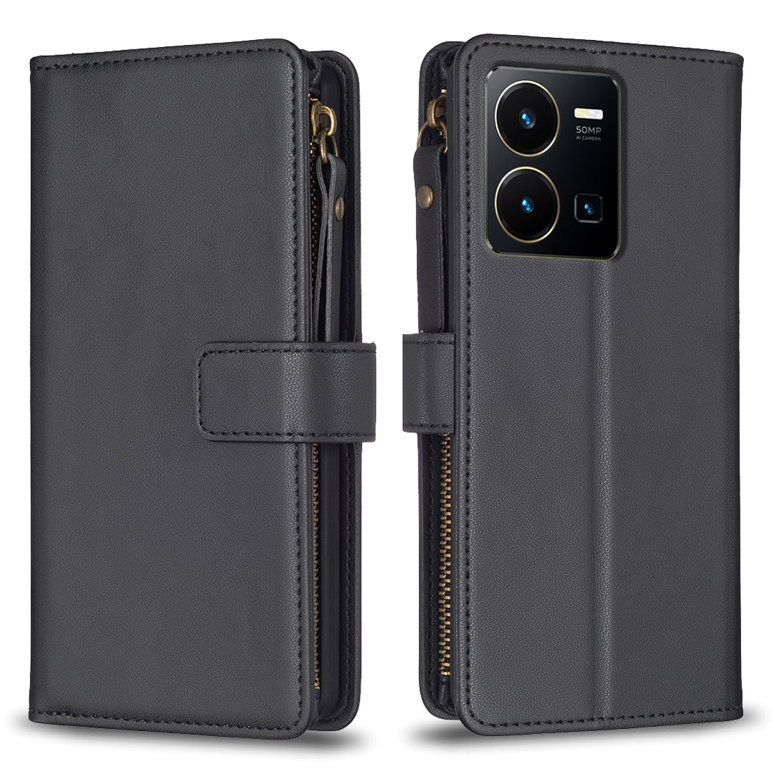 For vivo Y35 4G Leather Flip Phone Case with Zipper Wallet and 9 Card Slots, Durable PU + TPU Material