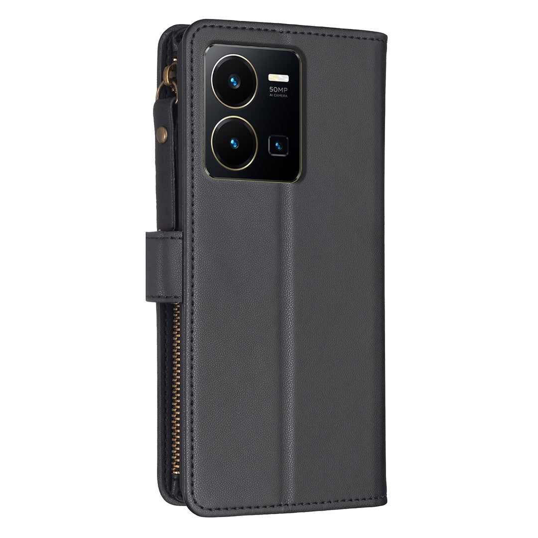For vivo Y35 4G Leather Flip Phone Case with Zipper Wallet and 9 Card Slots, Durable PU + TPU Material