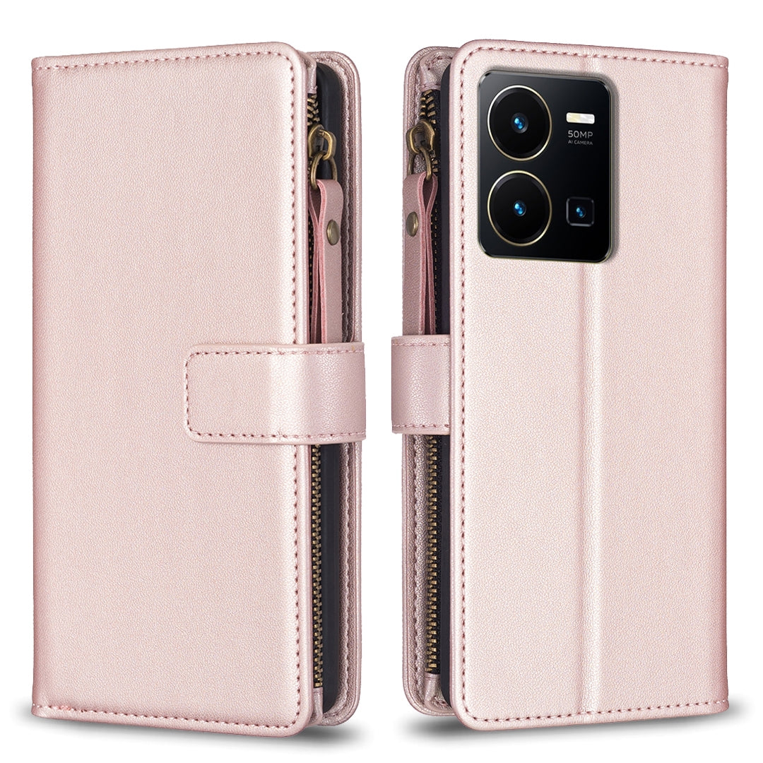 For vivo Y35 4G Leather Flip Phone Case with Zipper Wallet and 9 Card Slots, Durable PU + TPU Material