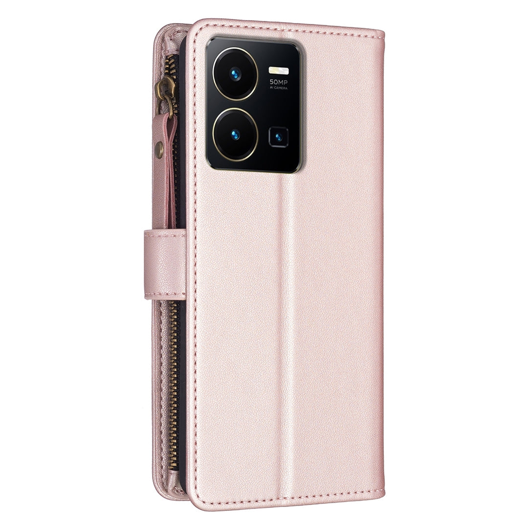 For vivo Y35 4G Leather Flip Phone Case with Zipper Wallet and 9 Card Slots, Durable PU + TPU Material