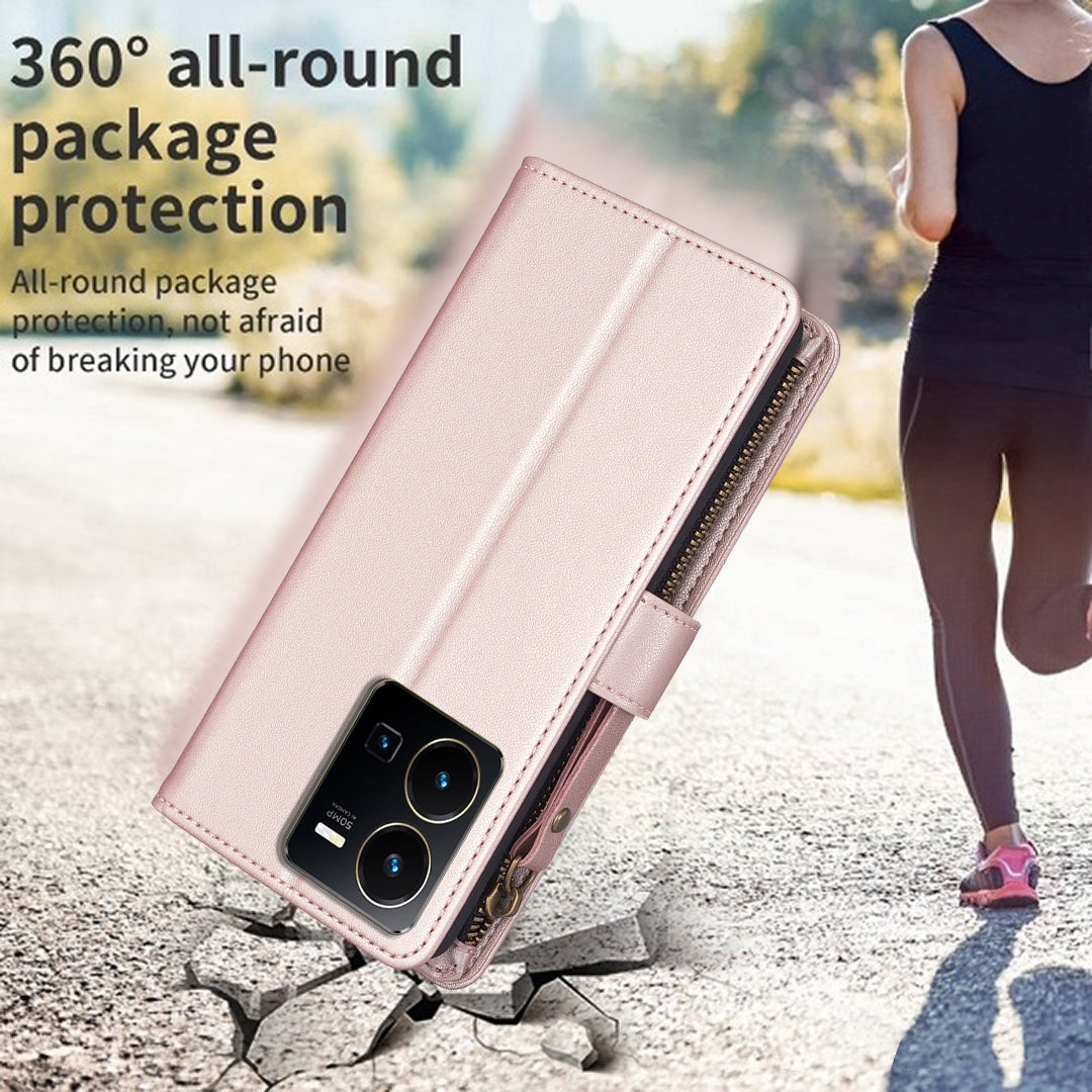 For vivo Y35 4G Leather Flip Phone Case with Zipper Wallet and 9 Card Slots, Durable PU + TPU Material