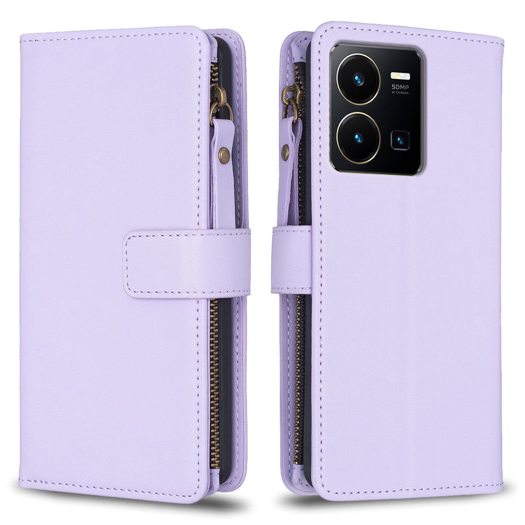 For vivo Y35 4G Leather Flip Phone Case with Zipper Wallet and 9 Card Slots, Durable PU + TPU Material