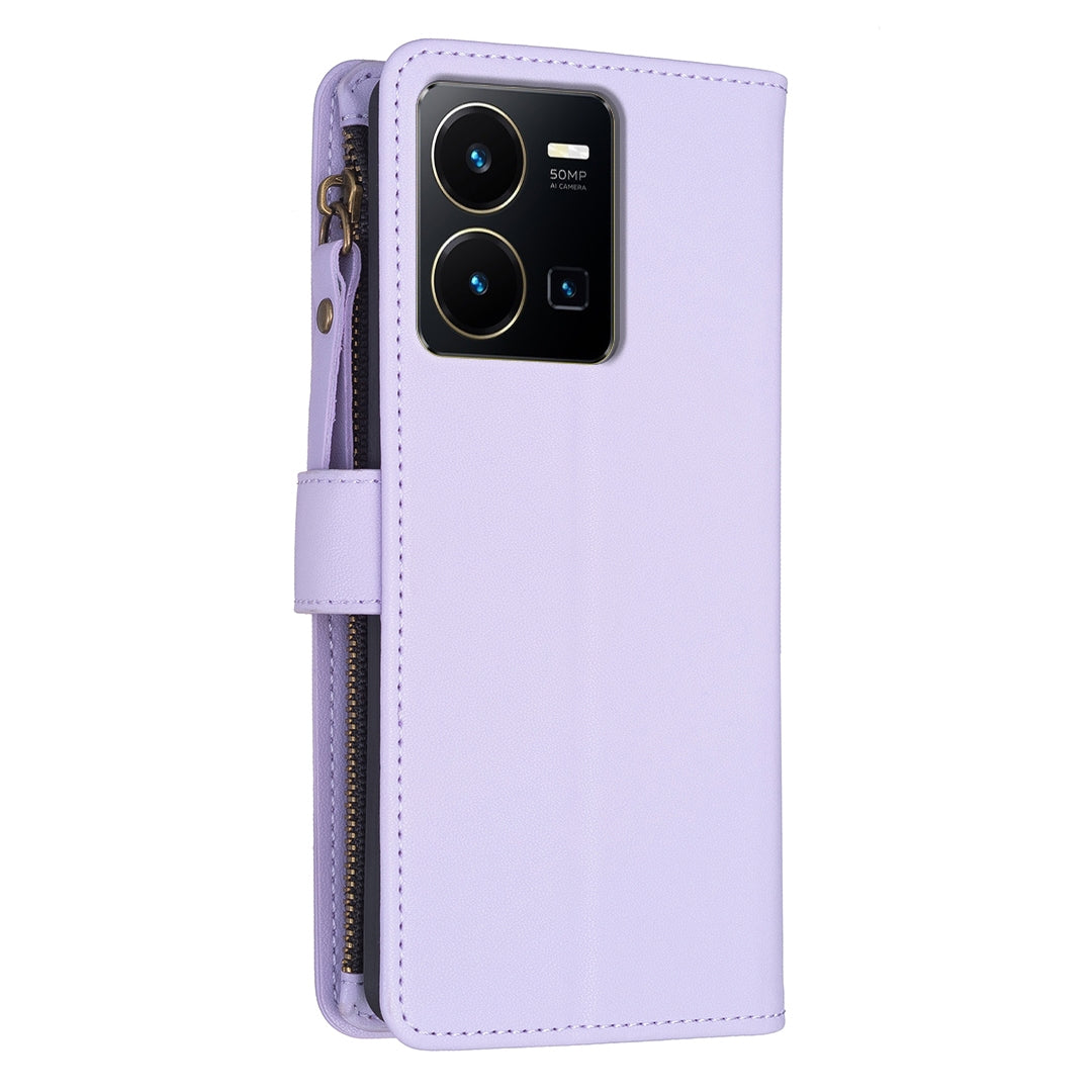 For vivo Y22s Leather Flip Phone Case with Zipper Wallet and 9 Card Slots, Durable PU + TPU Material