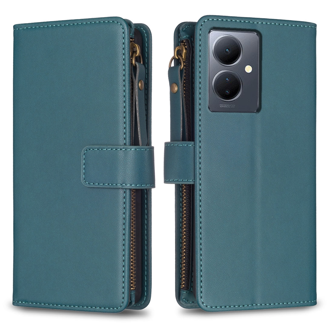 For vivo Y78 5G Leather Flip Phone Case with Zipper Wallet and 9 Card Slots, Durable PU + TPU Material