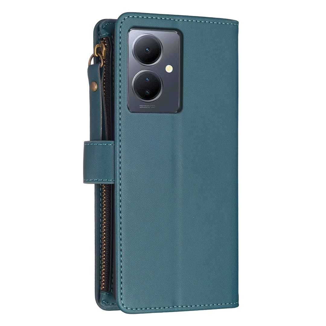 For vivo Y78 5G Leather Flip Phone Case with Zipper Wallet and 9 Card Slots, Durable PU + TPU Material